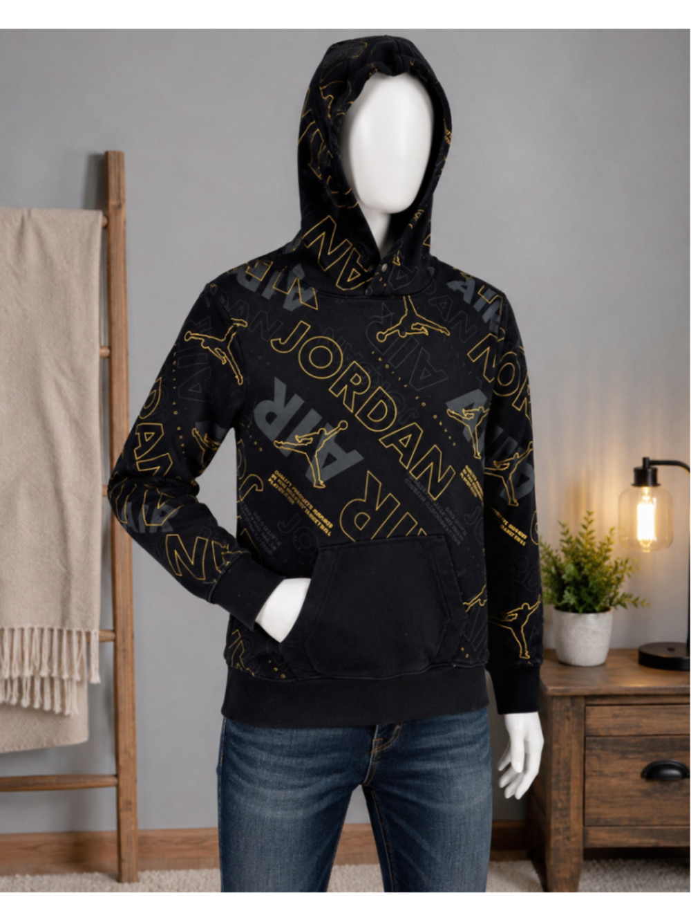 Boys Jordan Logo Print Hoodie Size L Black and Gold